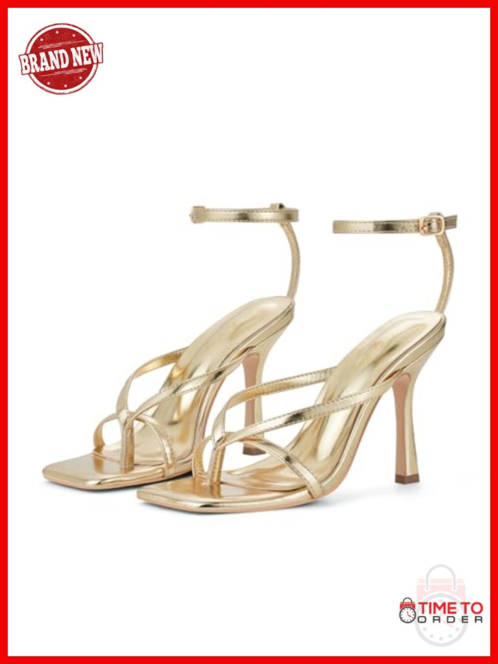 Square Toe Heeled Sandals 4.3 Inch Stiletto Ankle Strap Faux Leather